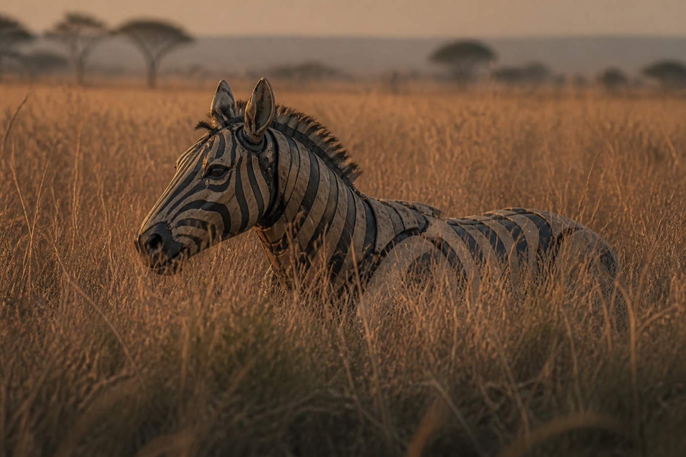 Robotic zebra half hidden in tall dry grass at dusk