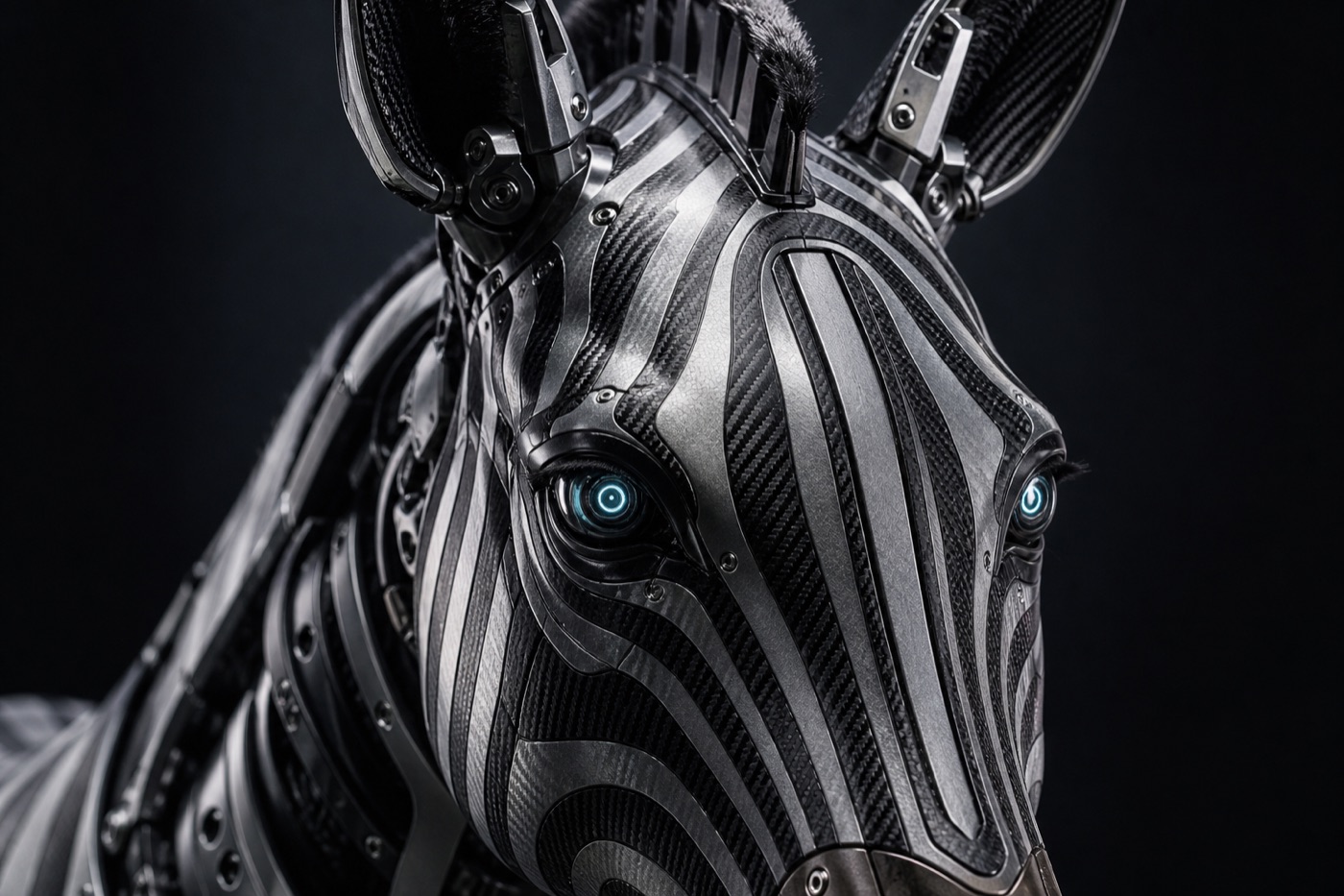 Close-up of a robotic zebra head with striped carbon panels and sensor eyes