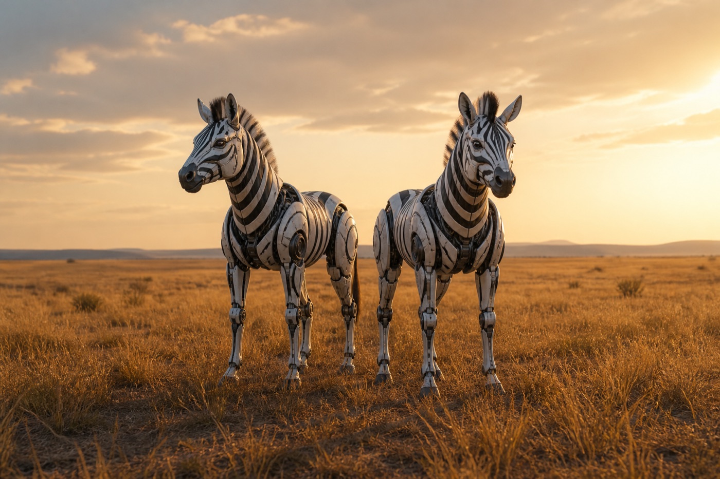 Two robotic zebras standing in grassland at golden hour