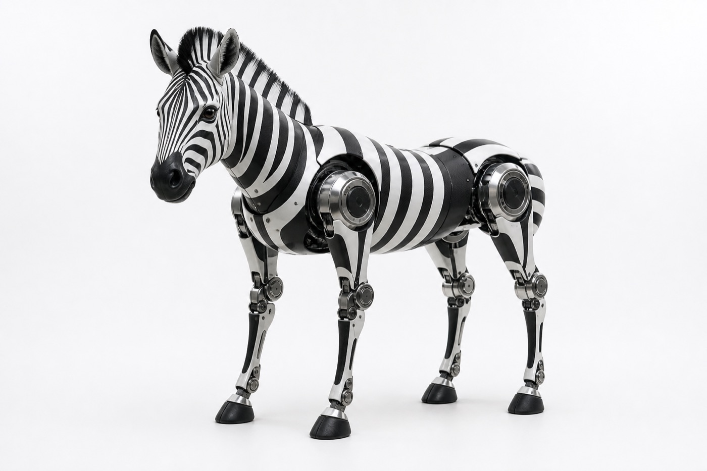 Photorealistic robotic zebra with striped armor panels in a white photo studio