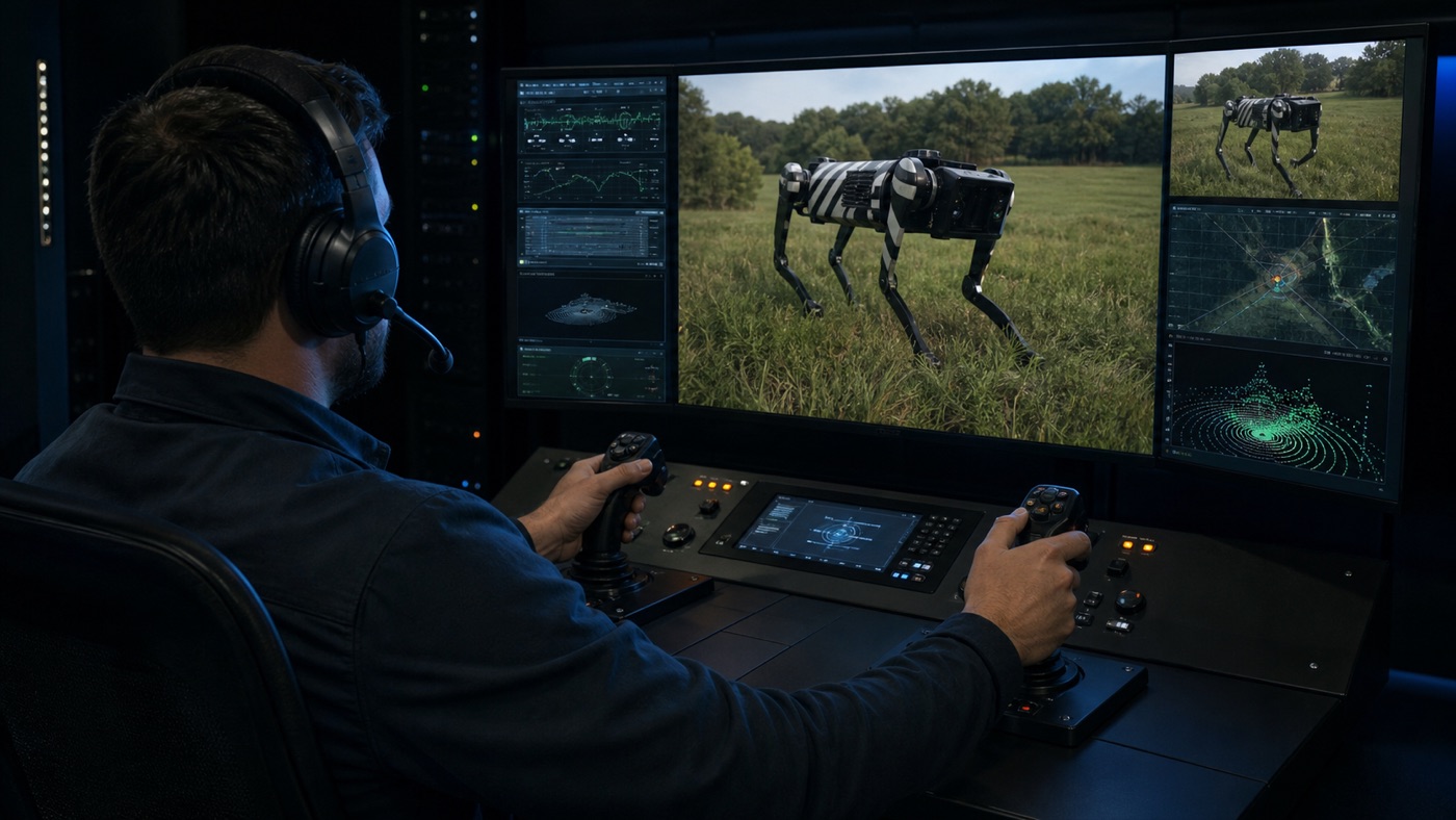 Teleoperation station with monitors showing a striped quadruped robot in a field